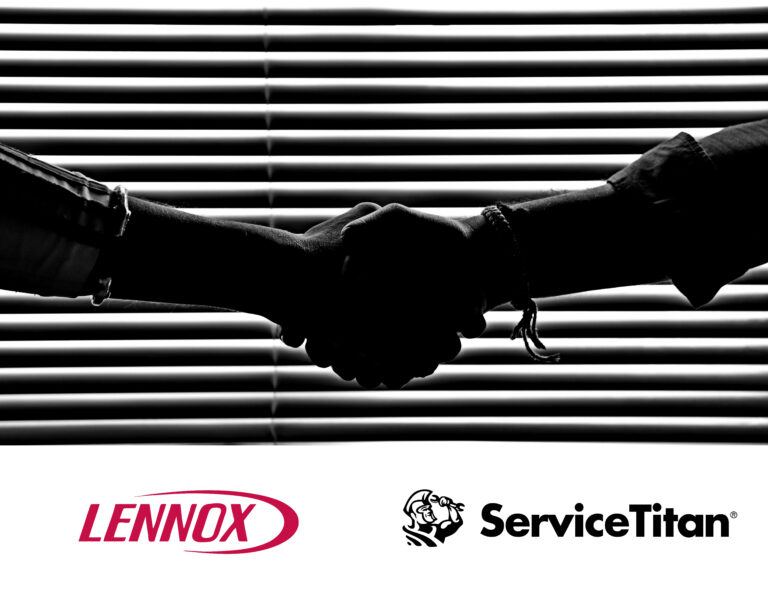 Photo of hands shaking closing a deal and below you have the Lennox and Service Titan Logo