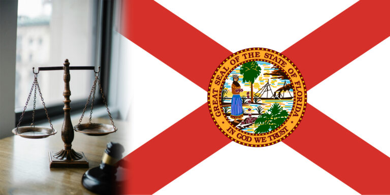 Image of law scales and a gavel alongside a state of Florida Flag to simbolize laws in florida.